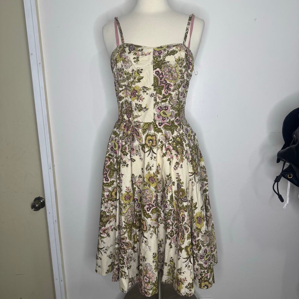 ANTHROPOLOGIE | ELEVENSES Printed Embellished Fit & Flare Cotton Dress Size 8